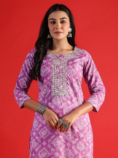 Indyancart IE Bandhani Printed Round Neck Long Sleeves Straight Cotton Kurta