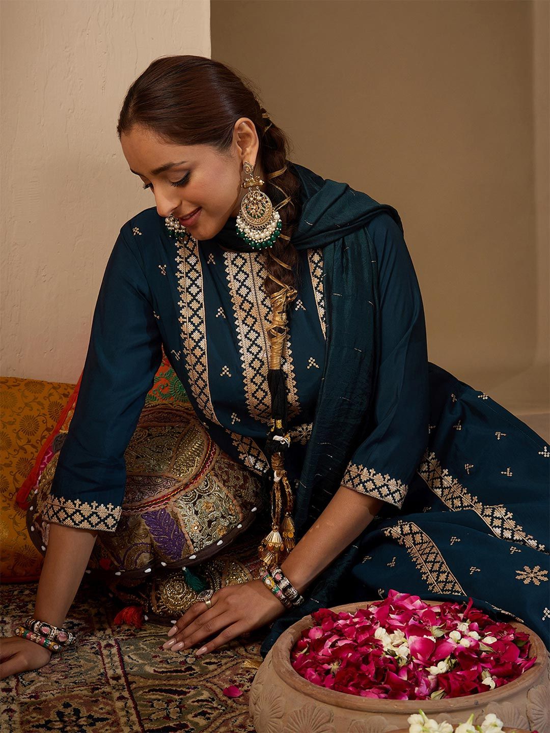 Women Ethnic Motifs Embroidered Regular Sequinned Kurta with Trousers & With Dupatta