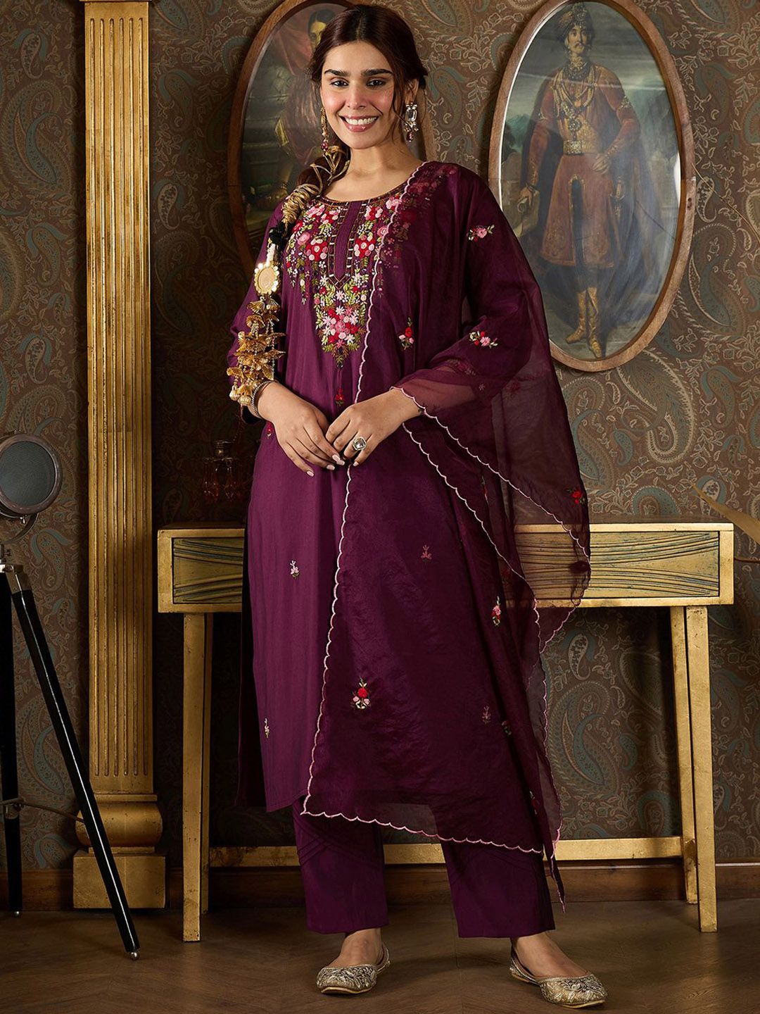 Indyancart IE Floral Embroidered Kurta With Trousers & Dupatta