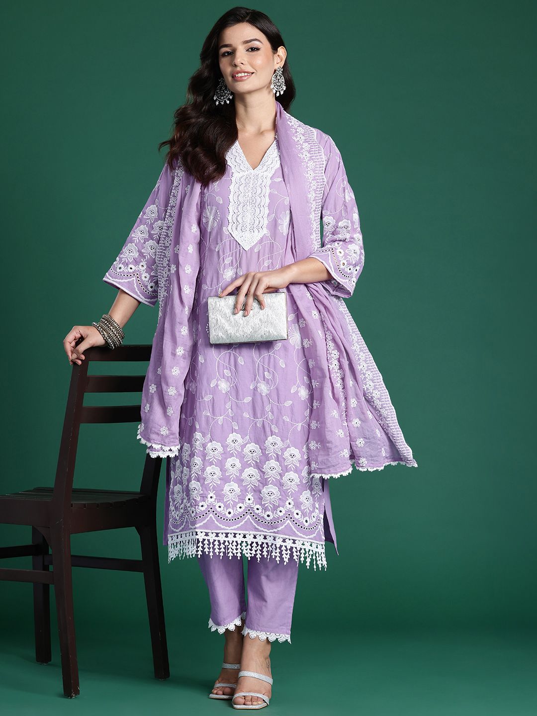Indyancart IE Floral Embroidered Thread Work Pure Cotton Kurta With Trousers & Dupatta