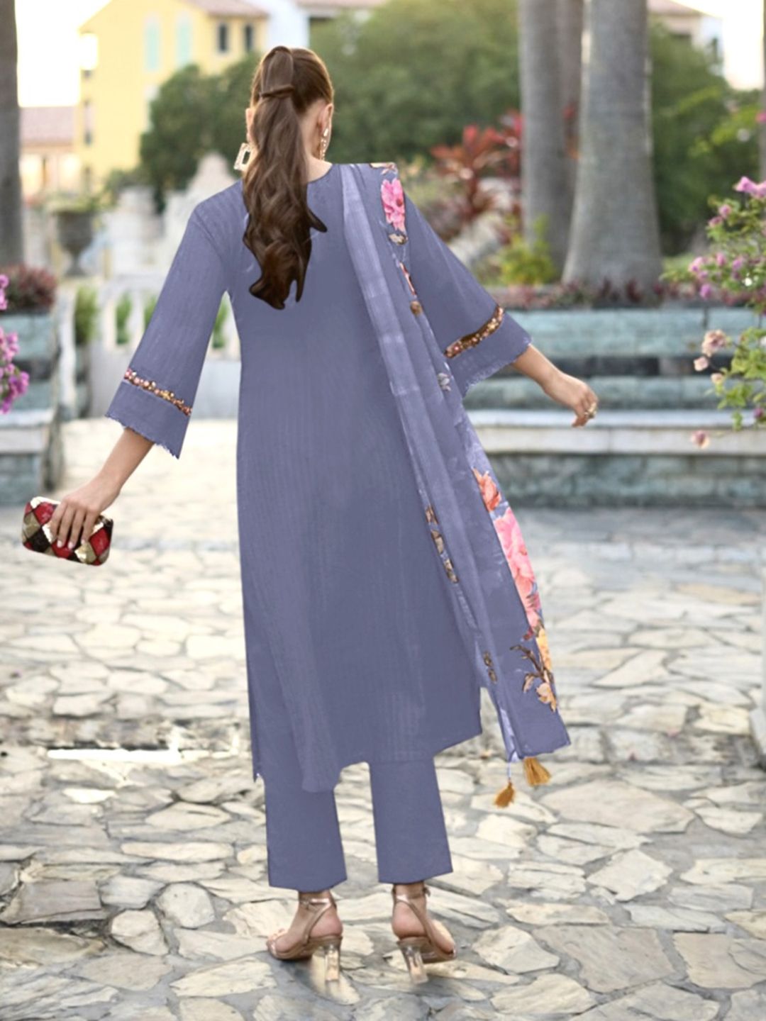 Indyancart IE Grey Floral Embroidered Thread Work Pure Cotton Kurta with Trousers & Dupatta