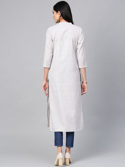 Indyancart IE Women Blue & White Striped Cotton Kurta