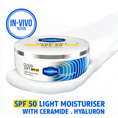 Vaseline Cloud Soft SPF 50 Light Moisturiser with Ceramides & Hyaluron for Non-Sticky Hydration