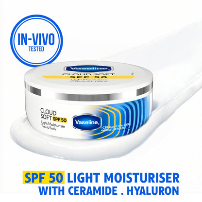 Vaseline Cloud Soft SPF 50 Light Moisturiser with Ceramides & Hyaluron for Non-Sticky Hydration