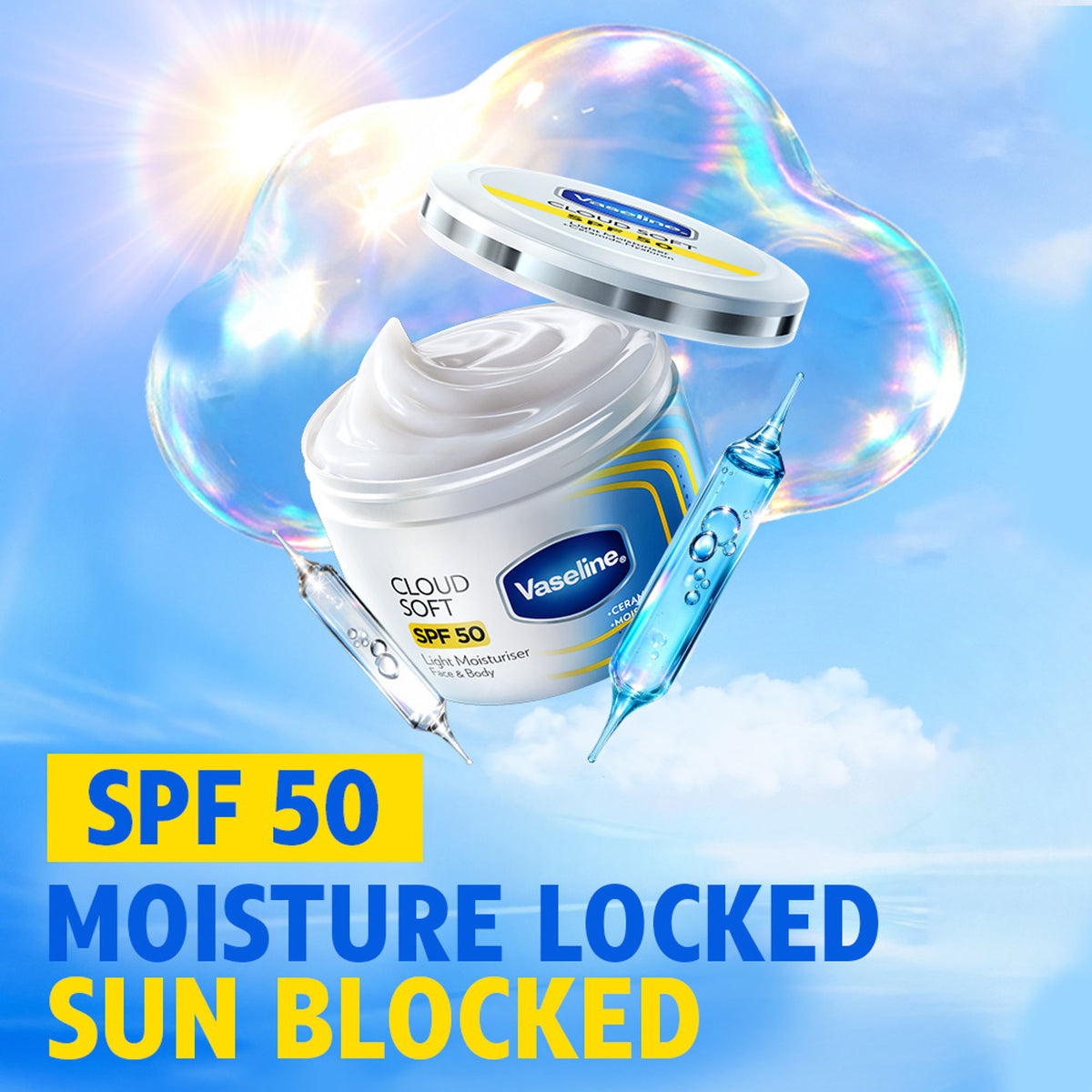 Vaseline Cloud Soft SPF 50 Light Moisturiser with Ceramides & Hyaluron for Non-Sticky Hydration