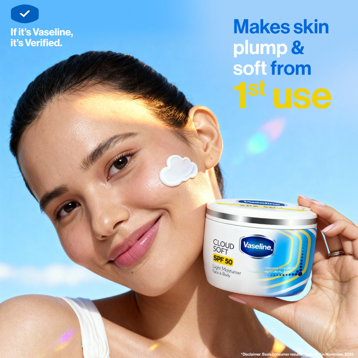 Vaseline Cloud Soft SPF 50 Light Moisturiser with Ceramides & Hyaluron for Non-Sticky Hydration