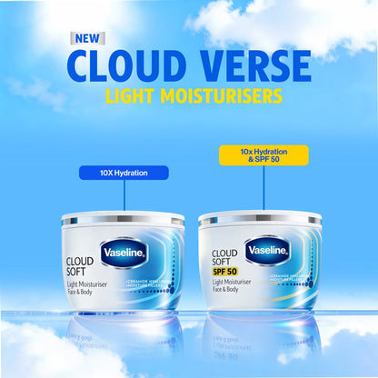 Vaseline Cloud Soft SPF 50 Light Moisturiser with Ceramides & Hyaluron for Non-Sticky Hydration