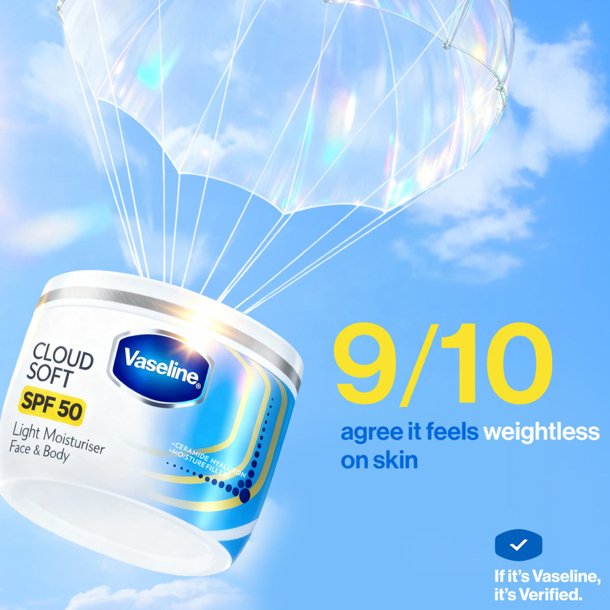 Vaseline Cloud Soft SPF 50 Light Moisturiser with Ceramides & Hyaluron for Non-Sticky Hydration