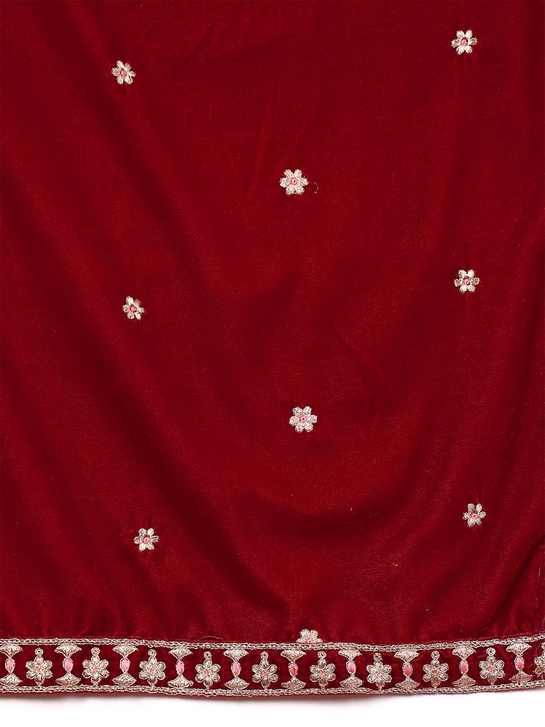 Indyancart VA Women'sMaroon Floral Yoke Design Sequinned Velvet Straight Kurta with Trousers & Dupatta