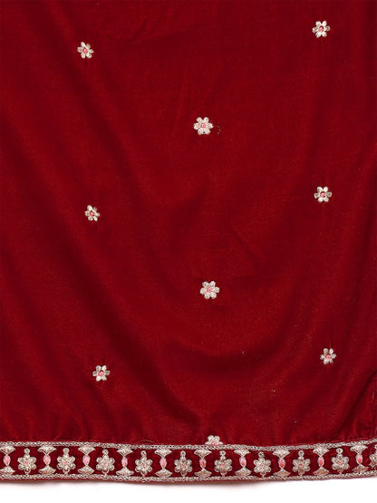 Indyancart VA Women'sMaroon Floral Yoke Design Sequinned Velvet Straight Kurta with Trousers & Dupatta