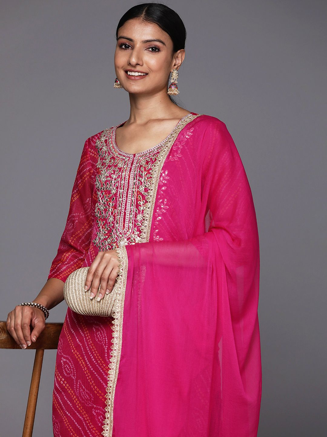 Indyancart VA Women's Fuchsia Bandhani Printed Regular Gotta Patti Kurta with Trousers & With Dupatta
