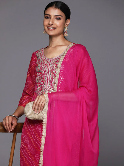 Indyancart VA Women's Fuchsia Bandhani Printed Regular Gotta Patti Kurta with Trousers & With Dupatta