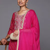Indyancart VA Women's Fuchsia Bandhani Printed Regular Gotta Patti Kurta with Trousers & With Dupatta