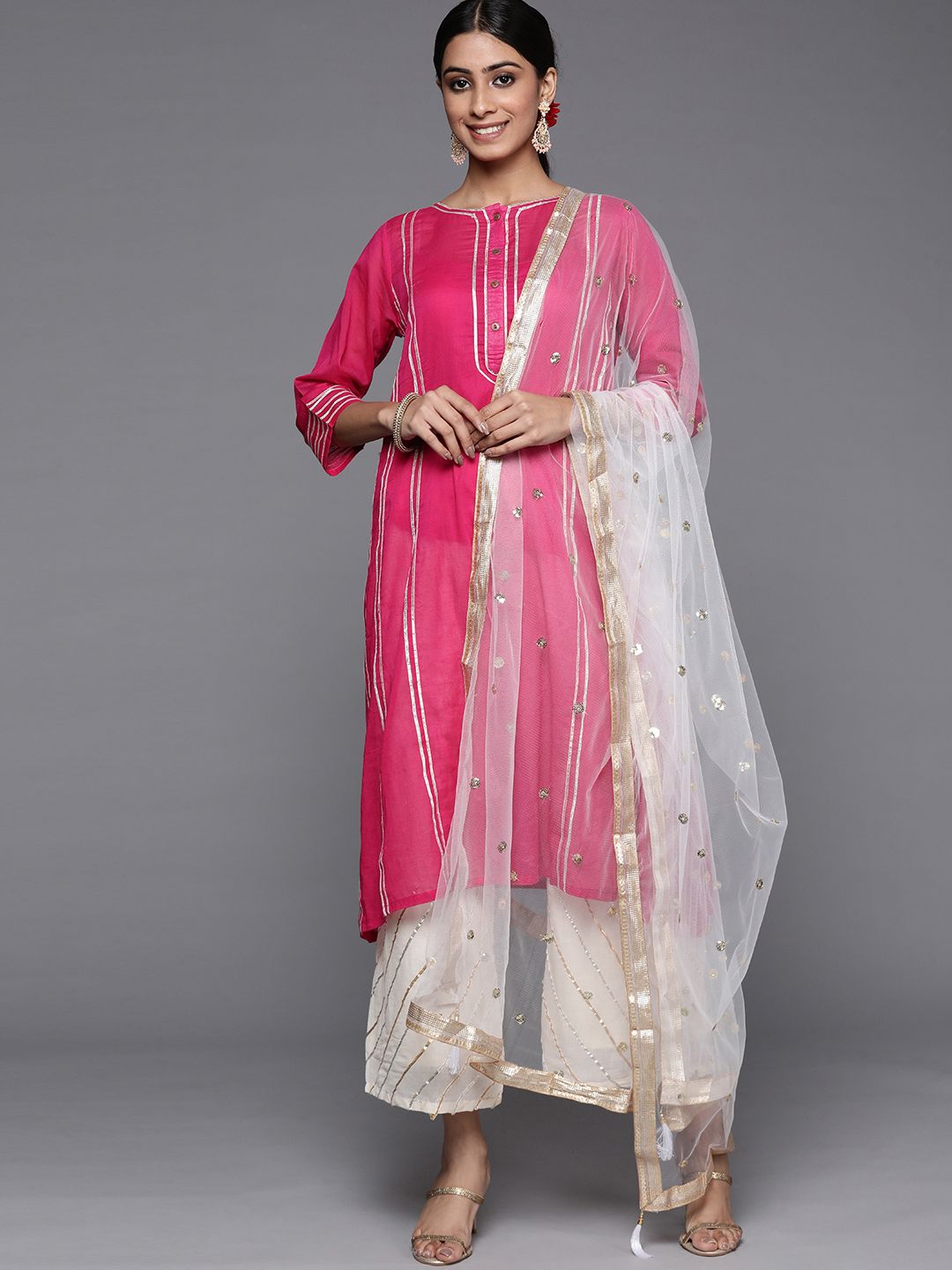 Indyancart VA Women's Pink Yoke Design Pleated Gotta Patti Cotton Kurta with Palazzos & Dupatta