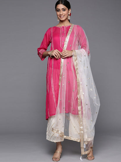 Indyancart VA Women's Pink Yoke Design Pleated Gotta Patti Cotton Kurta with Palazzos & Dupatta