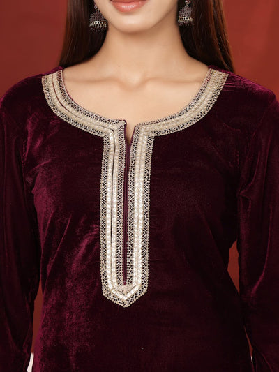 Indyancart VA Women's Zari & Sequin Embroidered Neck Velvet Winter Kurta with Sharara & Dupatta
