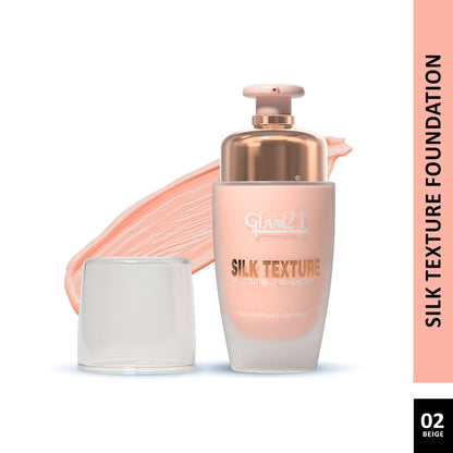GLAM21 Silk Foundation with SPF 35 in shade 02 Beige, oil-free formula, smooth liquid makeup in a sleek bottle.