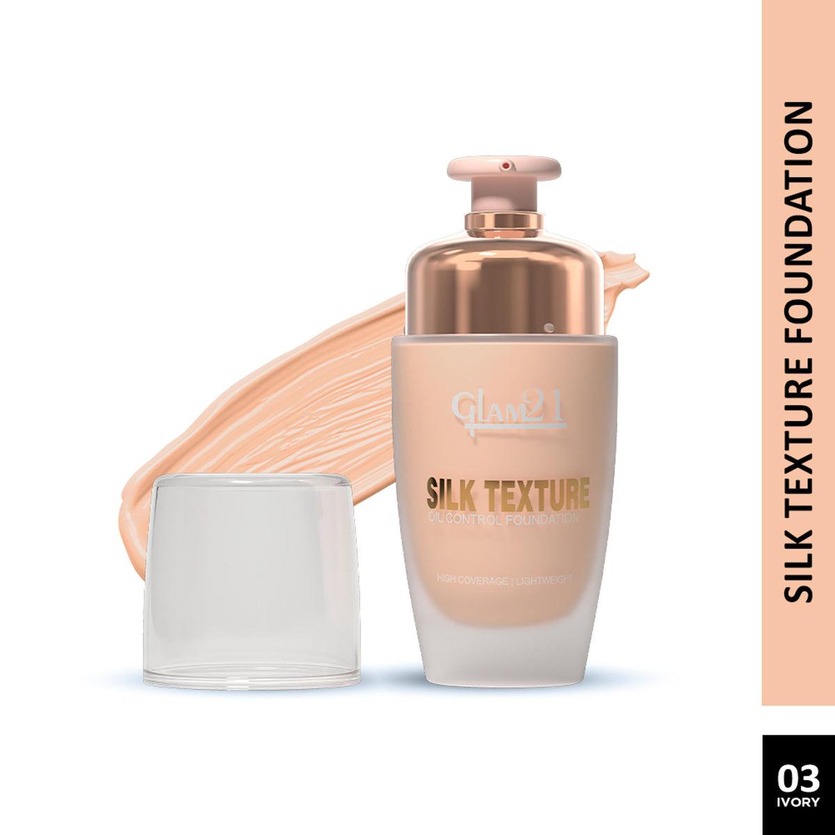 GLAM21 Silk Foundation with oil-free formula and SPF 35 in shade 03 Ivory, smooth liquid foundation for even skin tone.
