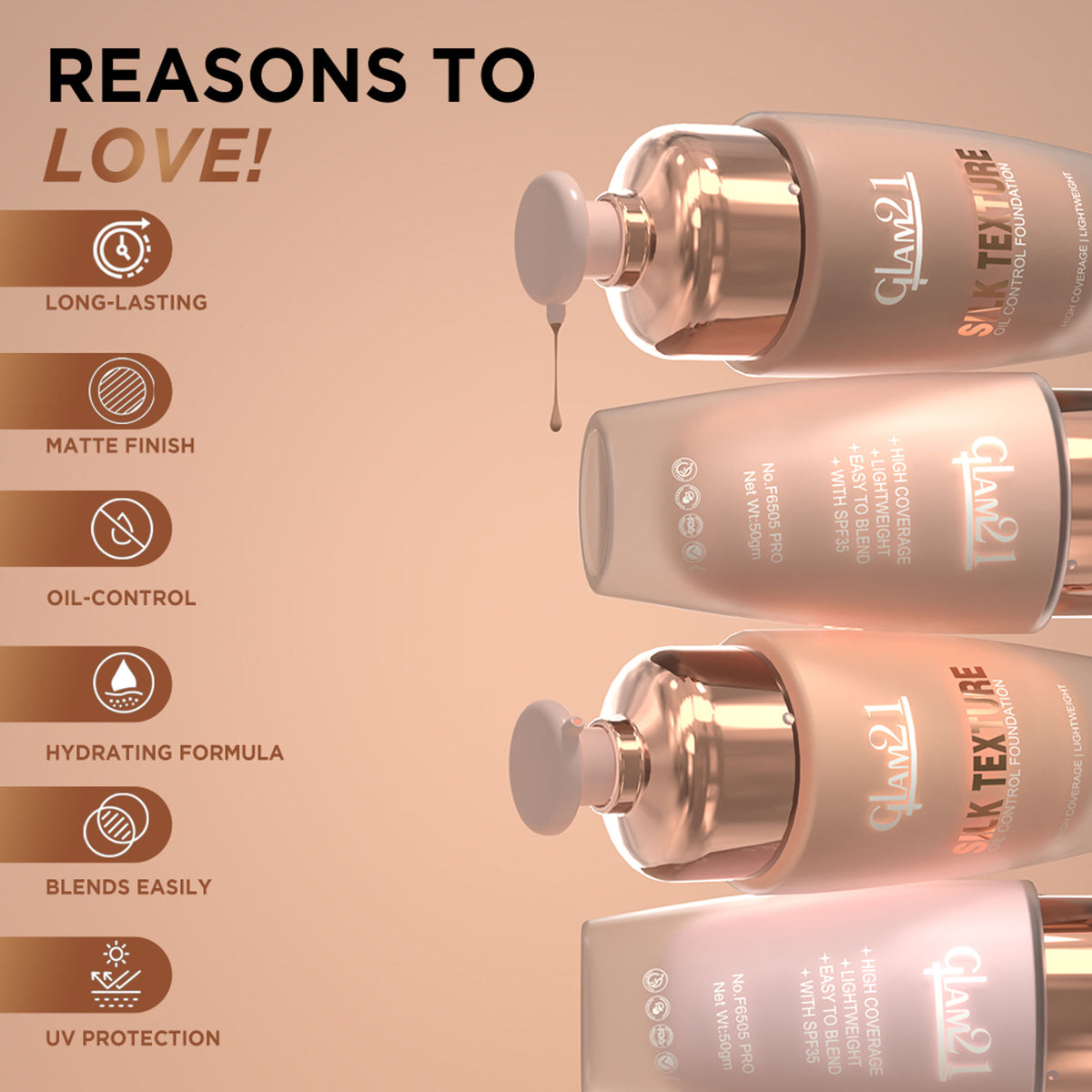 GLAM21 Silk Foundation With Oil-free Formula & SPF35 - 06 Warm Honey