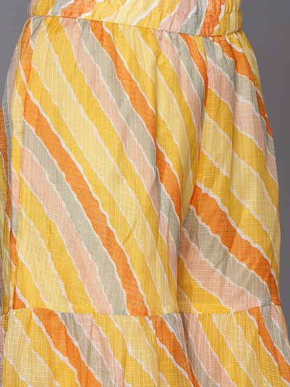 Indyancart VA Women's Yellow Leheriya Printed Gotta Patti Chanderi Cotton Kurta with Sharara & With Dupatta