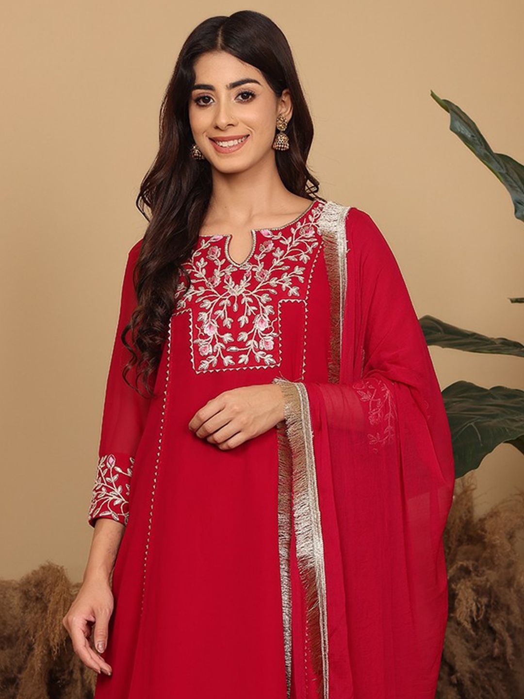 Indyancart VA Women's Floral Embroidered Silk Georgette A-Line Kurta with Trousers & Dupatta
