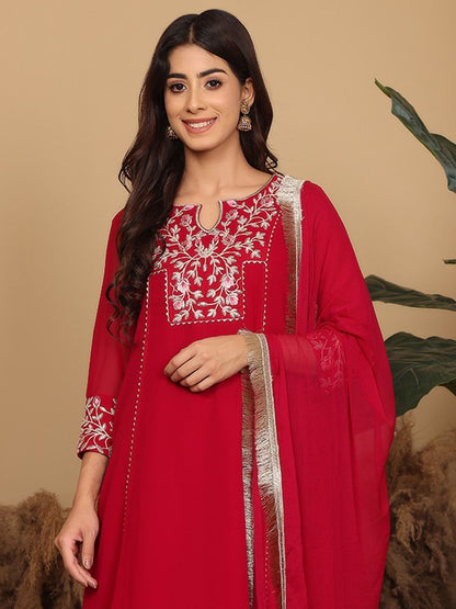Indyancart VA Women's Floral Embroidered Silk Georgette A-Line Kurta with Trousers & Dupatta