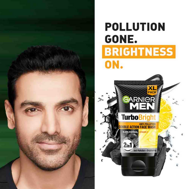 Garnier Men Turbo Bright Anti-Pollution Double Action Face Wash for men with foaming texture and refreshing scent.