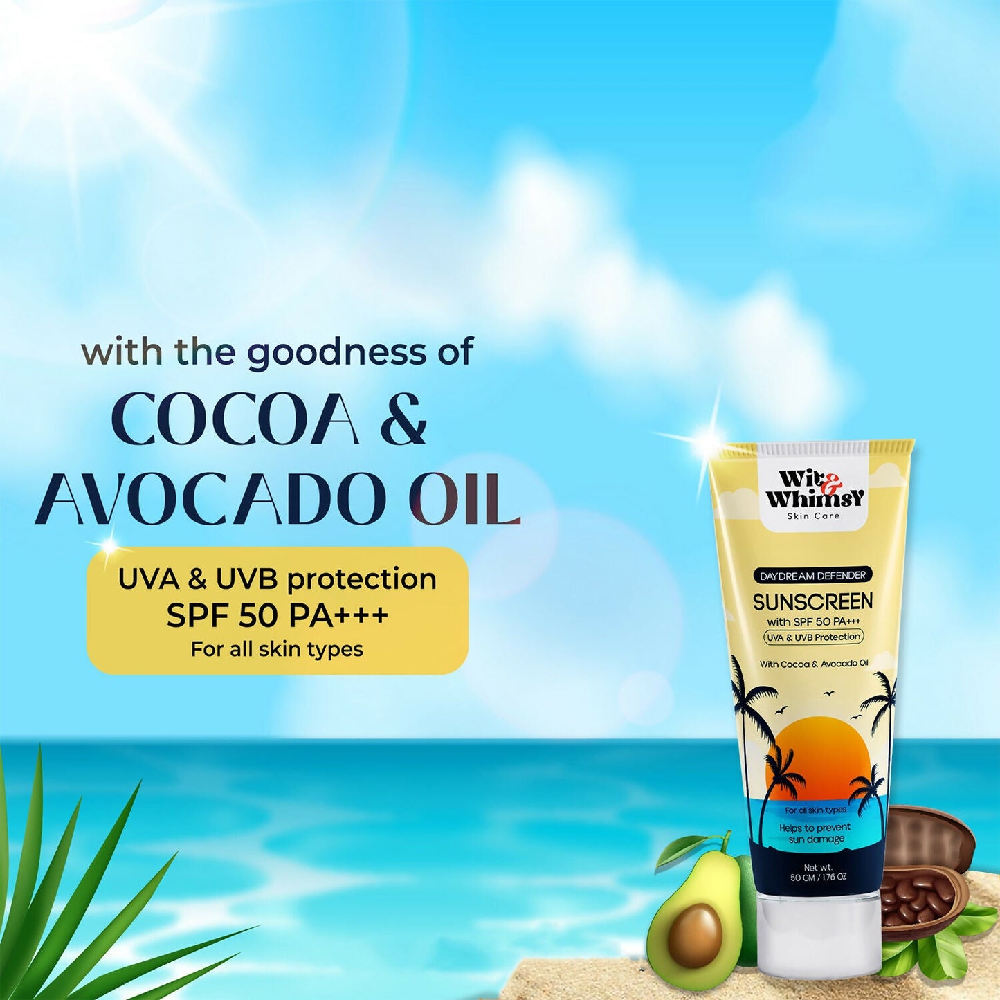 Wit and Whimsy SPF 50 PA+++ sunscreen with cocoa and avocado oil, providing sun protection and skin nourishment.
