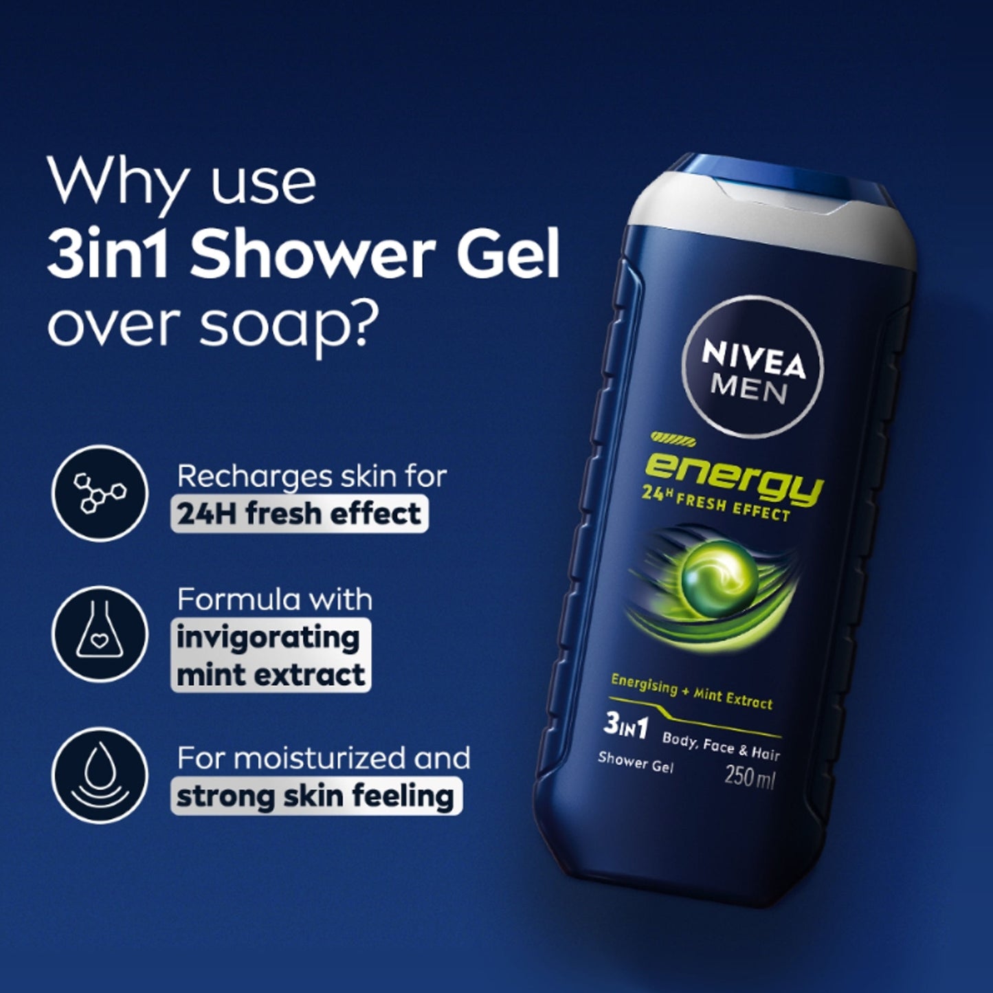 NIVEA MEN Body Wash, Energy with Mint Extracts, Shower Gel for Body, Face & Hair