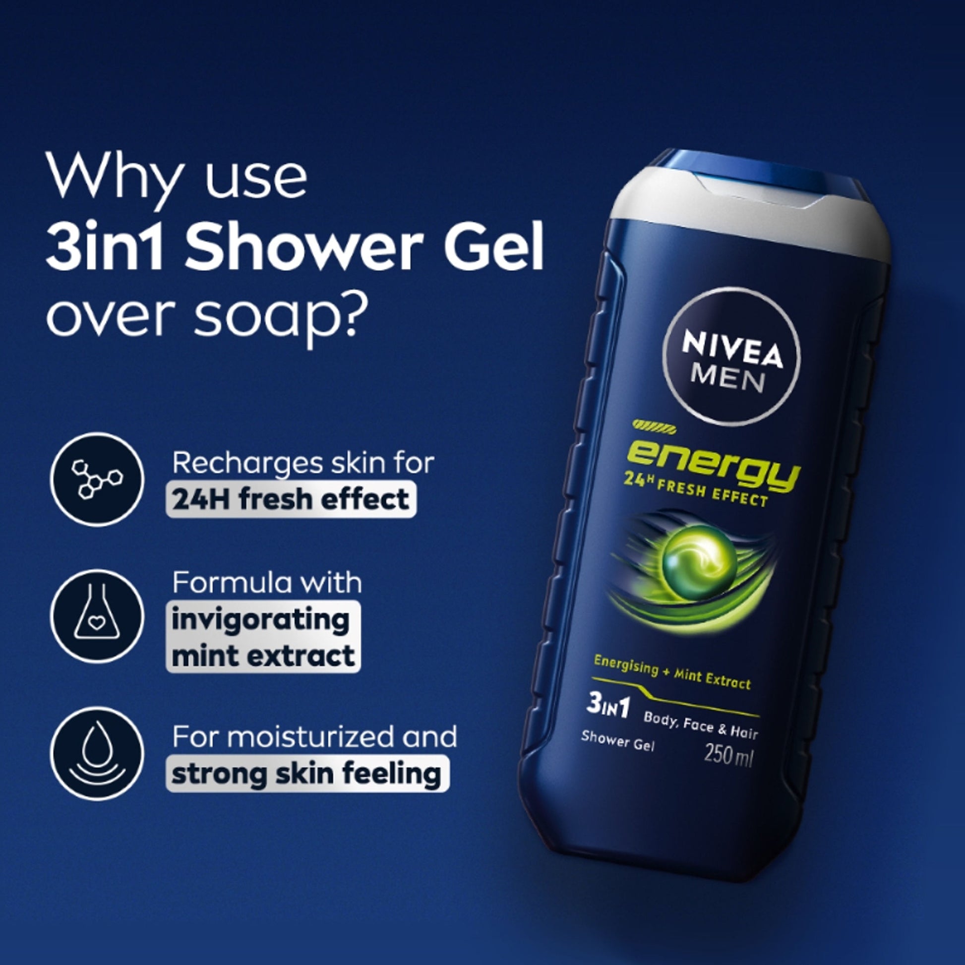 NIVEA MEN Body Wash, Energy with Mint Extracts, Shower Gel for Body, Face & Hair