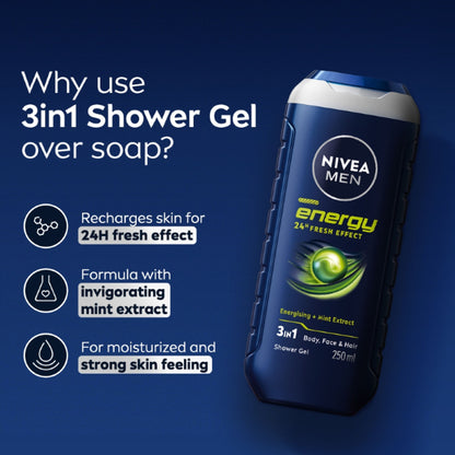 NIVEA MEN Body Wash, Energy with Mint Extracts, Shower Gel for Body, Face & Hair