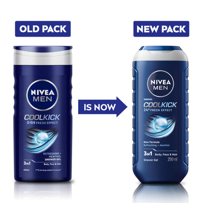 NIVEA MEN Body Wash, Cool Kick with Refreshing Icy MENthol, Shower Gel for Body, Face & Hair
