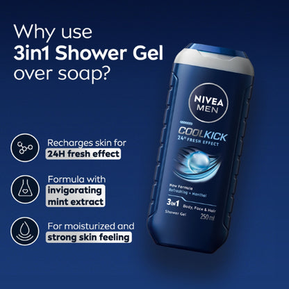 NIVEA MEN Body Wash, Cool Kick with Refreshing Icy MENthol, Shower Gel for Body, Face & Hair