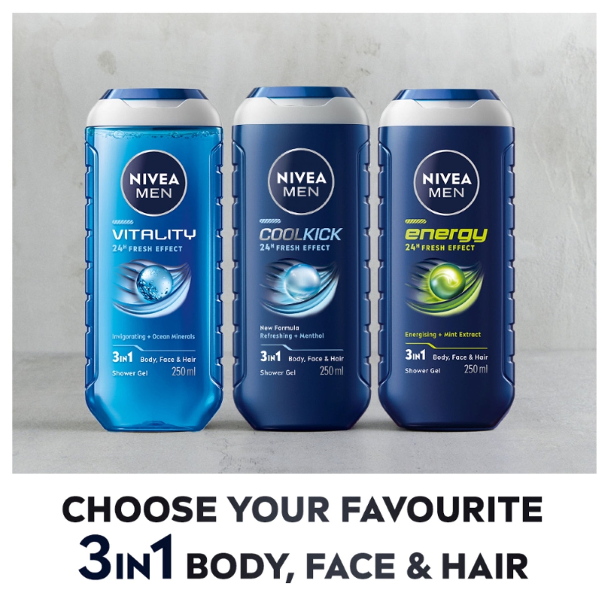 NIVEA MEN Body Wash, Cool Kick with Refreshing Icy MENthol, Shower Gel for Body, Face & Hair