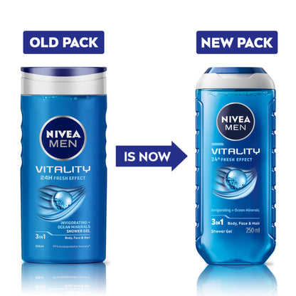 NIVEA MEN Body Wash, Vitality Fresh with Ocean Minerals, Shower Gel for Body, Face & Hair