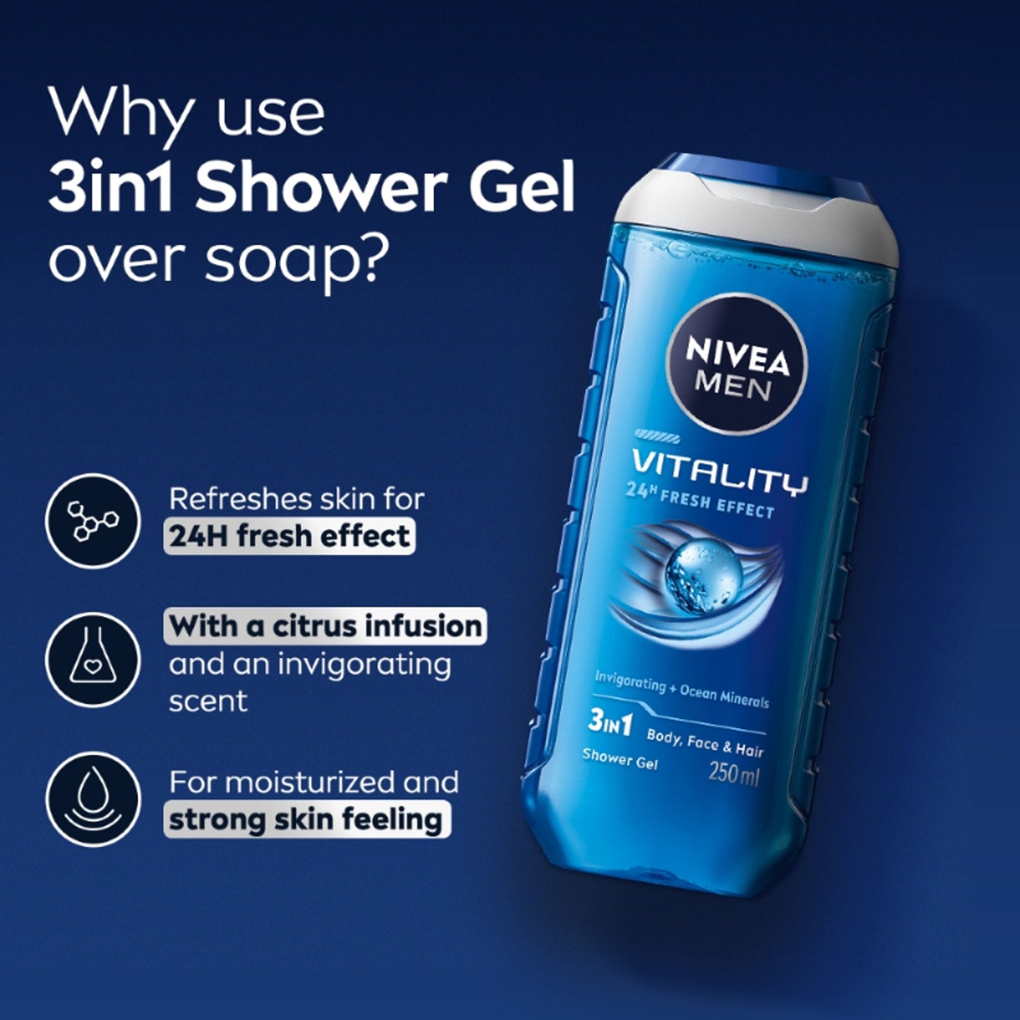 NIVEA MEN Body Wash, Vitality Fresh with Ocean Minerals, Shower Gel for Body, Face & Hair