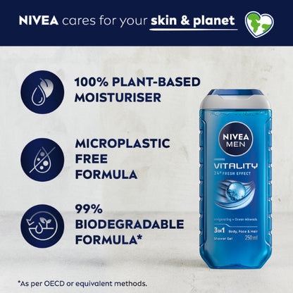 NIVEA MEN Body Wash, Vitality Fresh with Ocean Minerals, Shower Gel for Body, Face & Hair