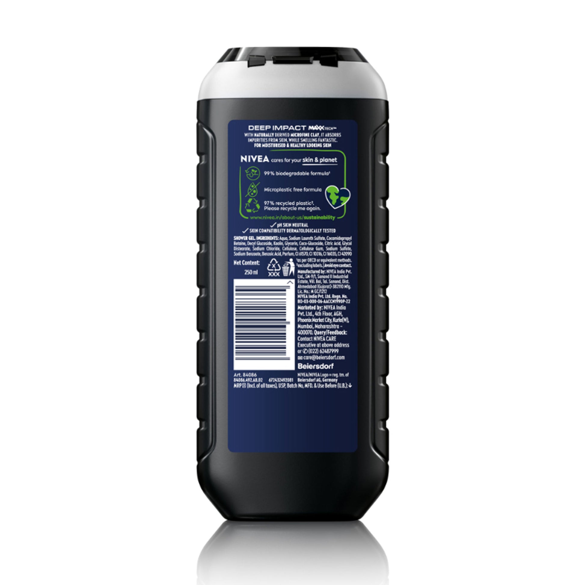 NIVEA MEN Body Wash, Deep Impact, 3 in 1 Shower Gel for Body, Face & Hair, with Microfine Clay