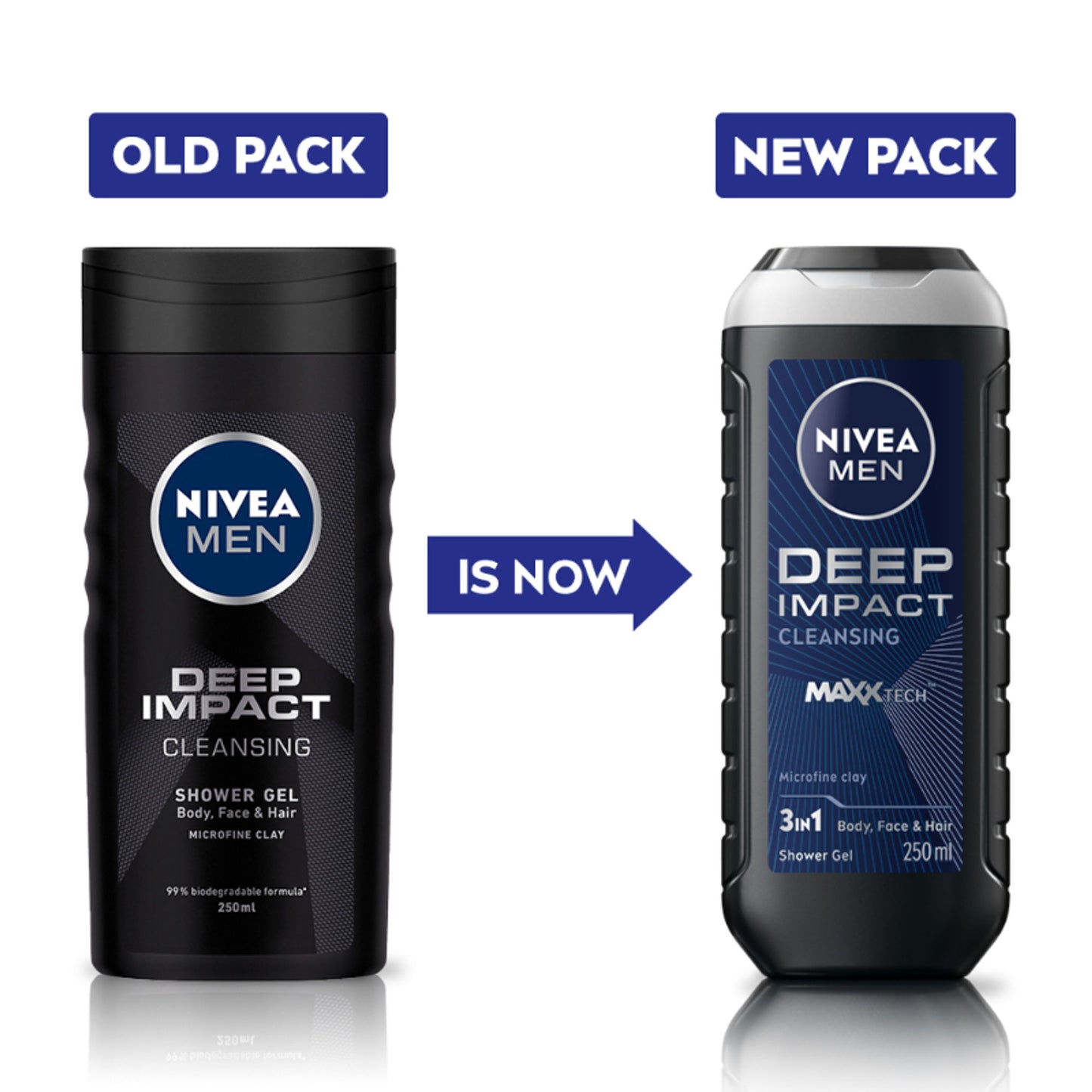 NIVEA MEN Body Wash, Deep Impact, 3 in 1 Shower Gel for Body, Face & Hair, with Microfine Clay