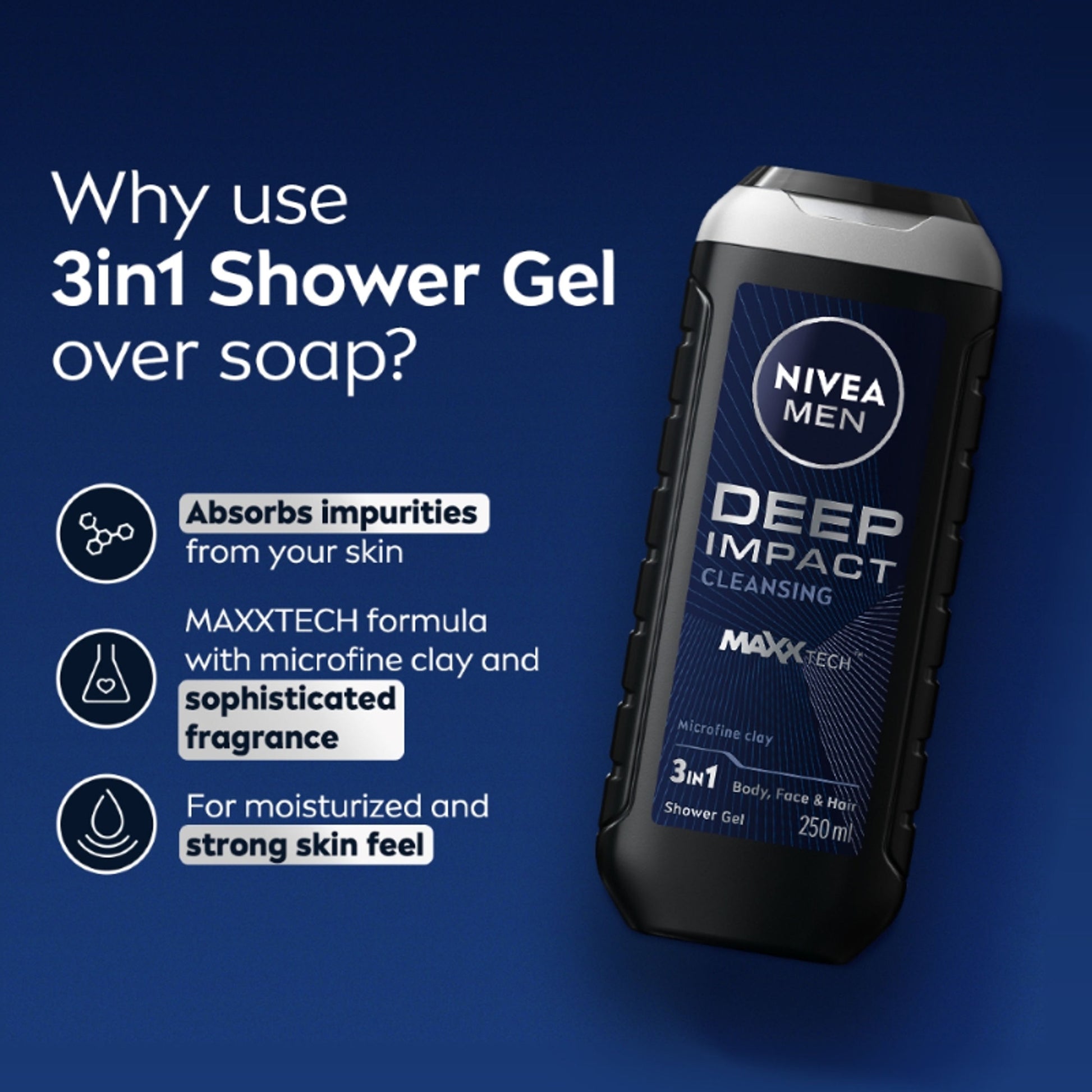 NIVEA MEN Body Wash, Deep Impact, 3 in 1 Shower Gel for Body, Face & Hair, with Microfine Clay