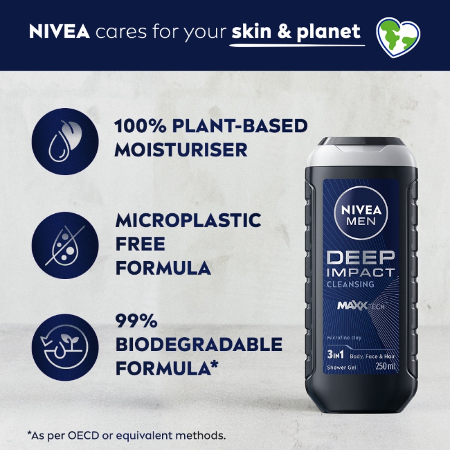 NIVEA MEN Body Wash, Deep Impact, 3 in 1 Shower Gel for Body, Face & Hair, with Microfine Clay