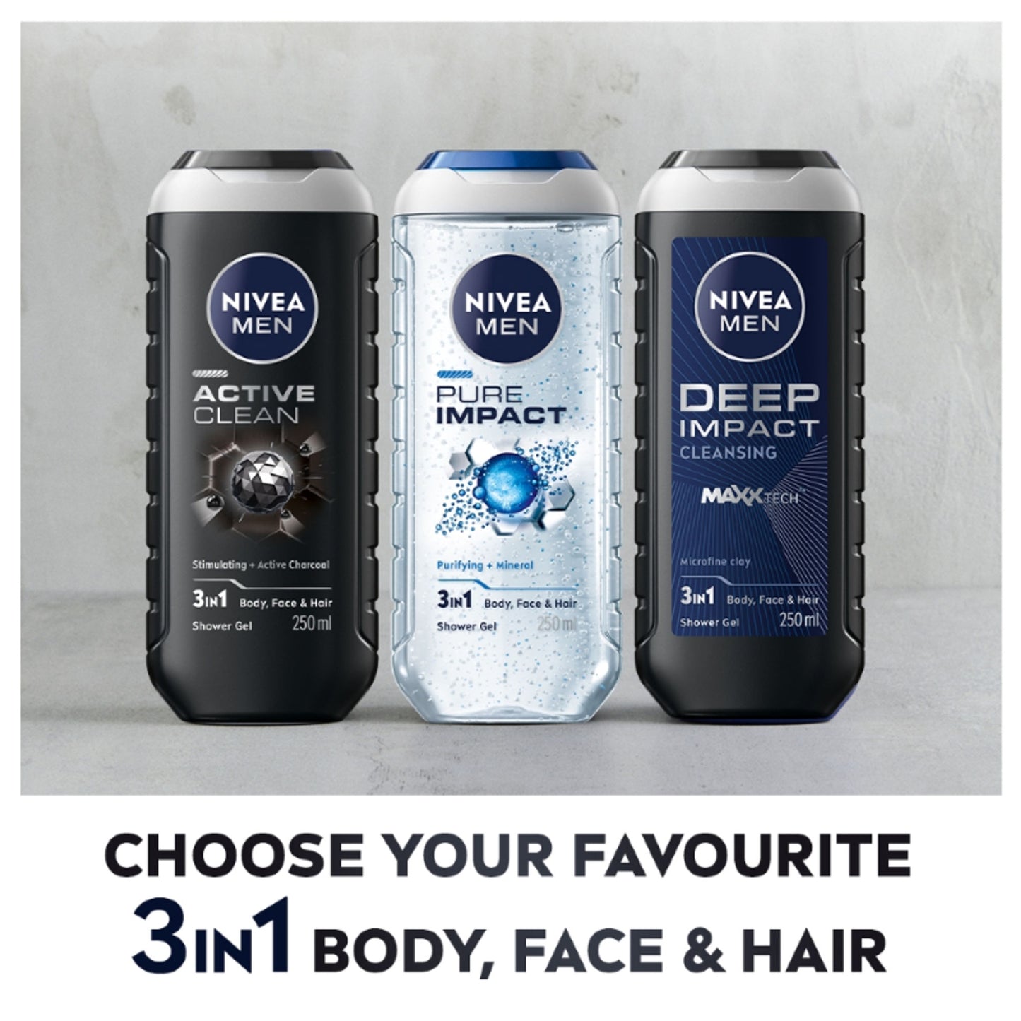 NIVEA MEN Body Wash, Deep Impact, 3 in 1 Shower Gel for Body, Face & Hair, with Microfine Clay