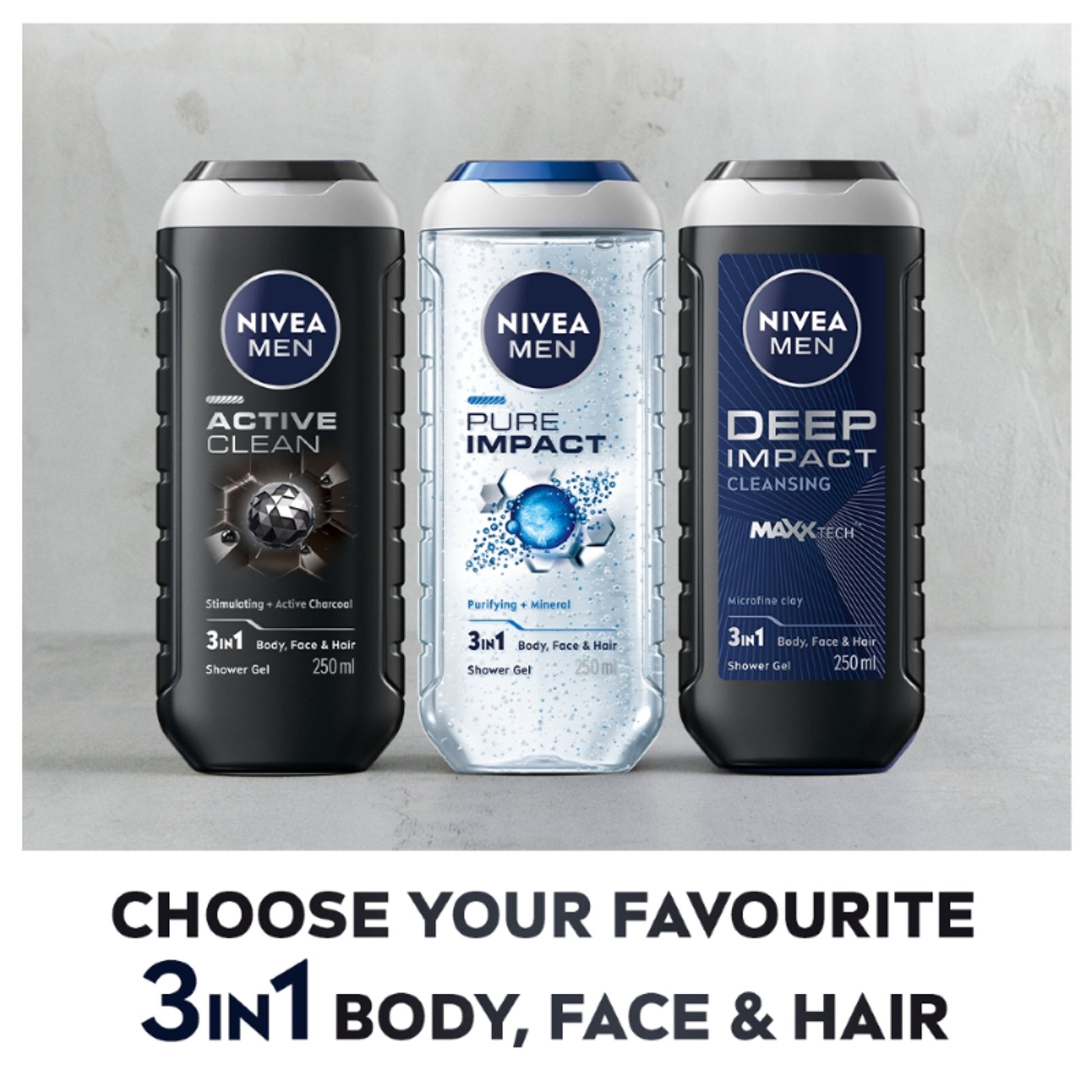 NIVEA MEN Body Wash, Deep Impact, 3 in 1 Shower Gel for Body, Face & Hair, with Microfine Clay