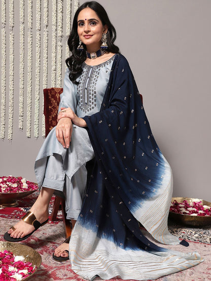 Indyancart VA Women'sBlue Ethnic Motifs Embroidered Kurta With Trousers & Dupatta