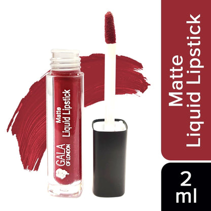 Gala of London Matte Liquid Lipstick in Divine Wine, featuring a sleek tube and applicator with rich, deep wine-colored liquid lipstick.