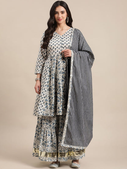 Indyancart VA Women's White Floral Printed Regular Pure Cotton Kurta with Palazzos & With Dupatta
