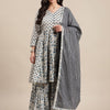 Indyancart VA Women's White Floral Printed Regular Pure Cotton Kurta with Palazzos & With Dupatta