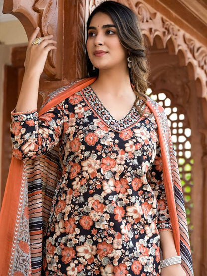 Indyancart VA Women'sFloral Embellished Kurta Paired With Afghani Trousers & Dupatta
