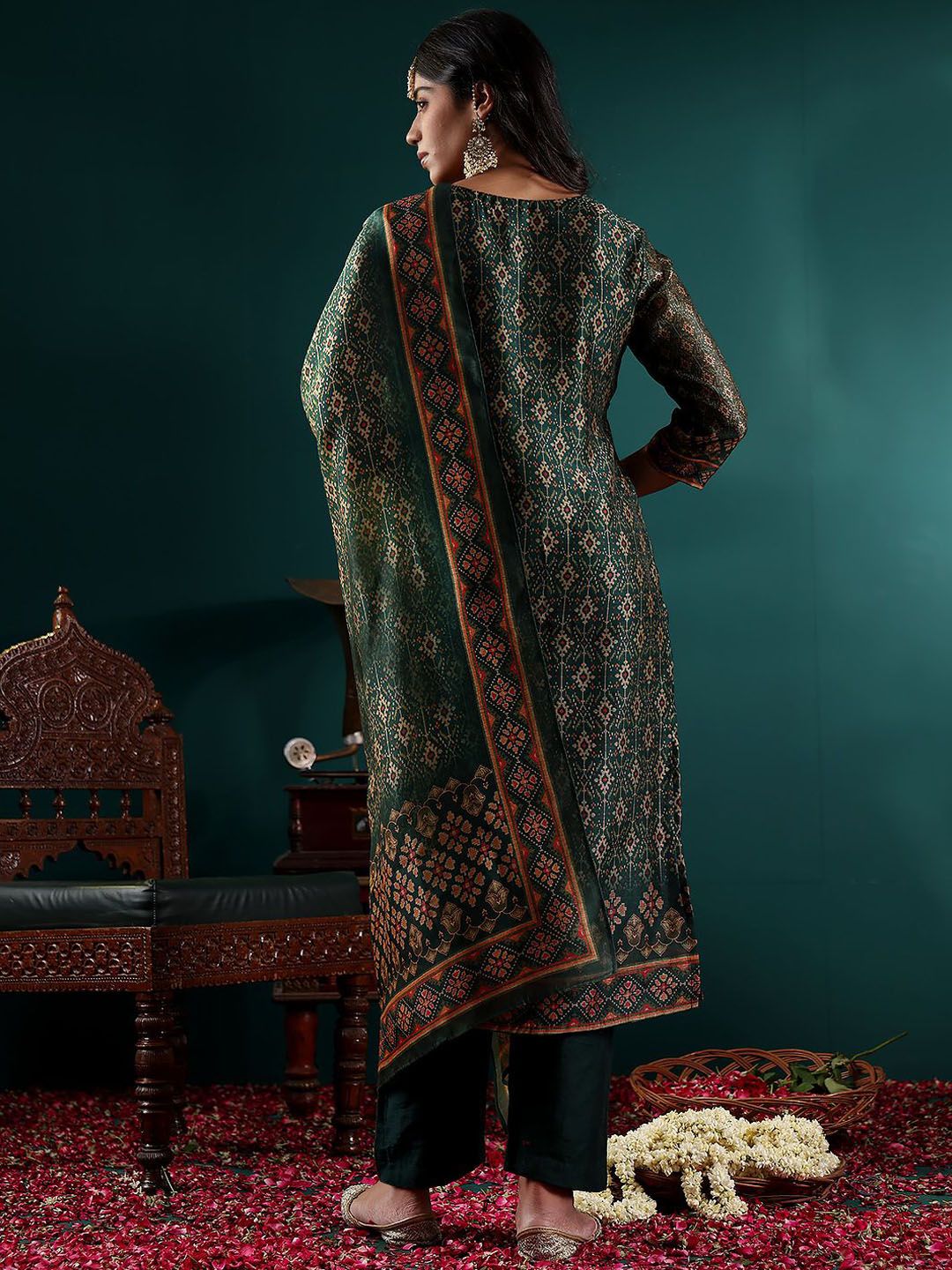 Indyancart VA Women's Ethnic Motifs Embroidered Regular Chanderi Silk Kurta with Trousers & With Dupatta
