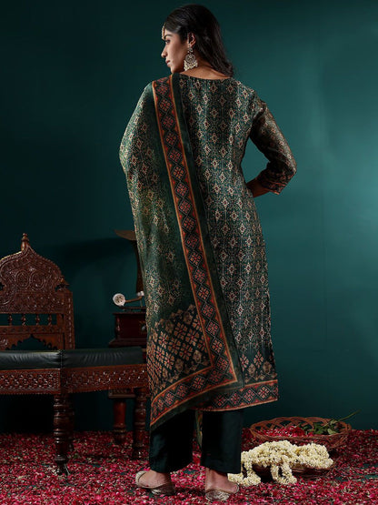 Indyancart VA Women's Ethnic Motifs Embroidered Regular Chanderi Silk Kurta with Trousers & With Dupatta